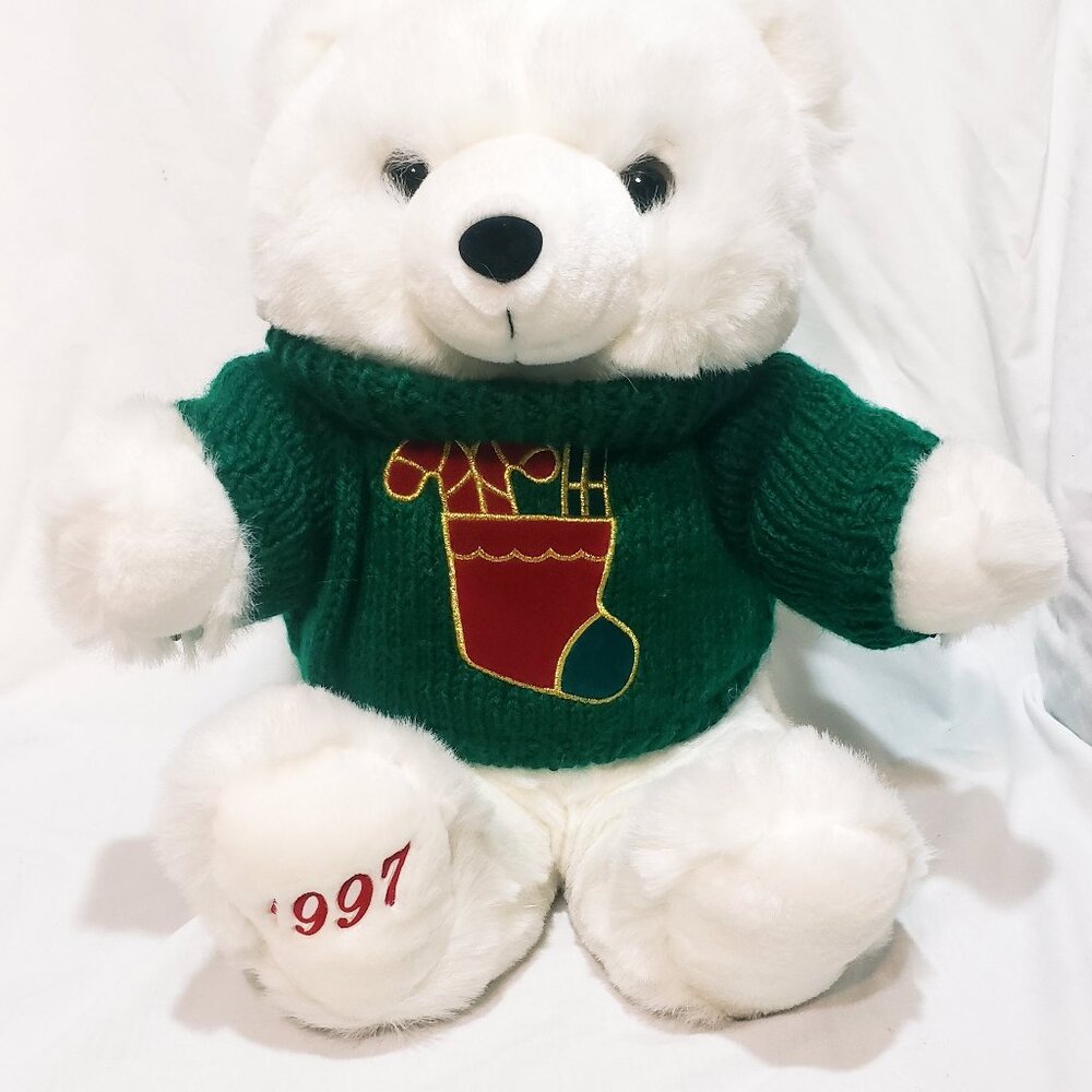 Christmas Teddy Bear 1997 Green Sweater Stuffed Animal Plush Main Joy Holiday